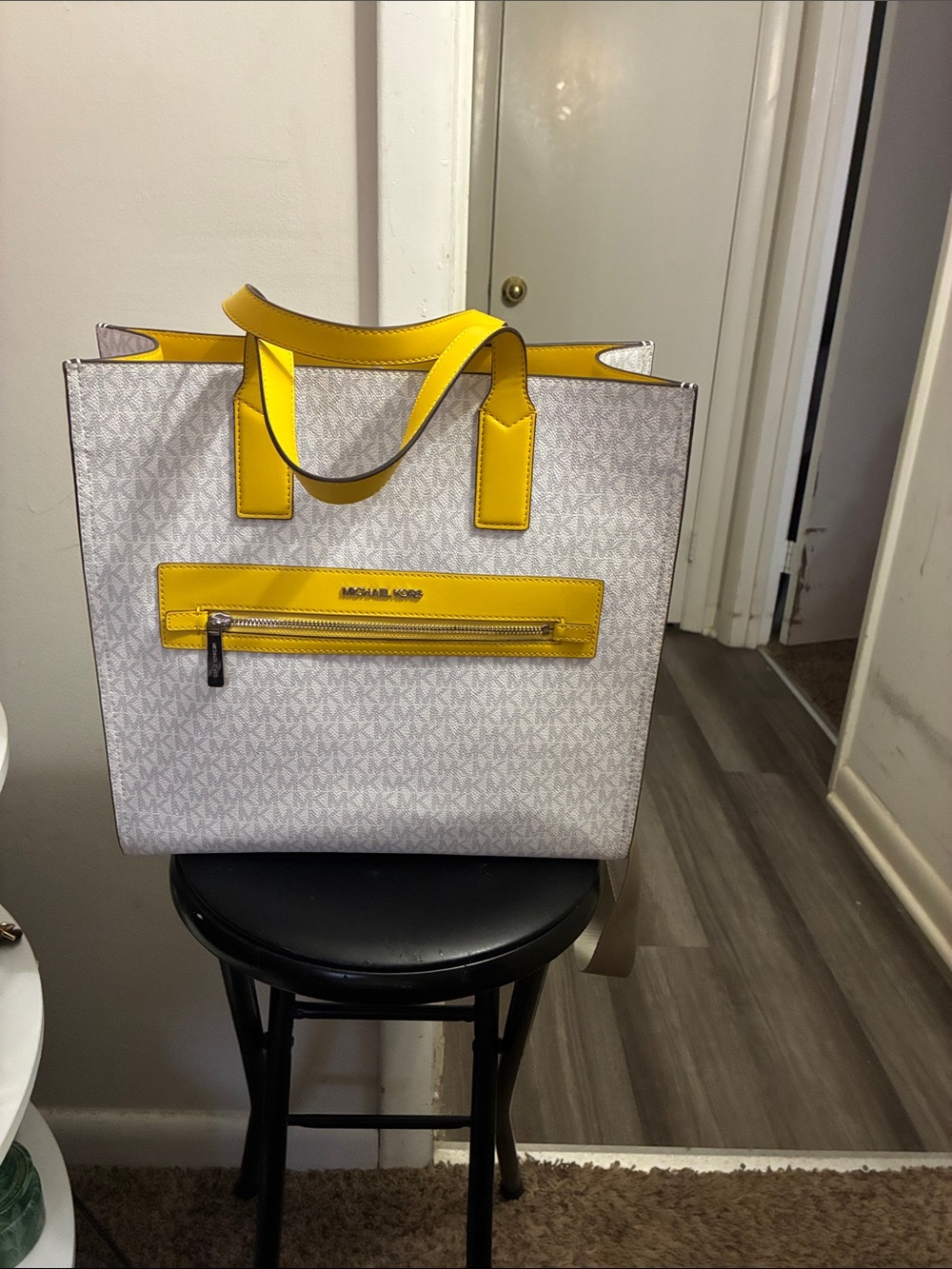Michael Kors White Signature Tote with Yellow Trim